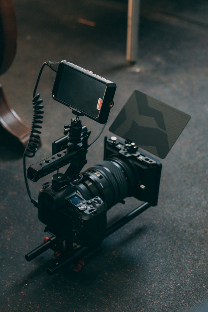 Close-up of a professional camera rig setup used for movie production, showcasing electronics and filming technology.